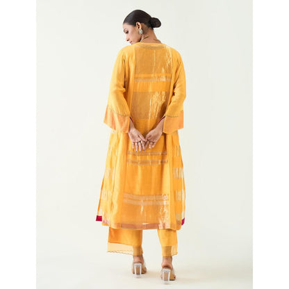 Shivani Bhargava Yellow Mira Silk Stripe Tissue Kurta with Pant and Dupatta (Set of 3)