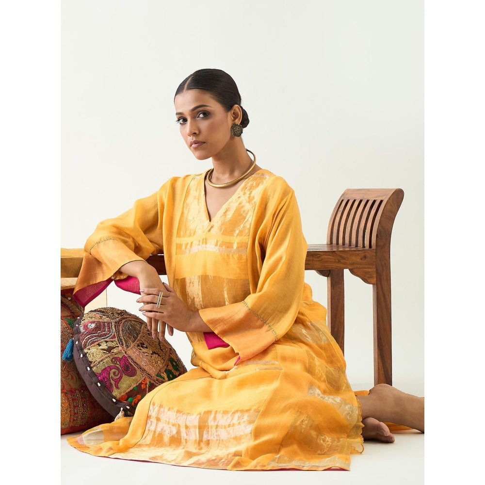 Shivani Bhargava Yellow Mira Silk Stripe Tissue Kurta with Pant and Dupatta (Set of 3)
