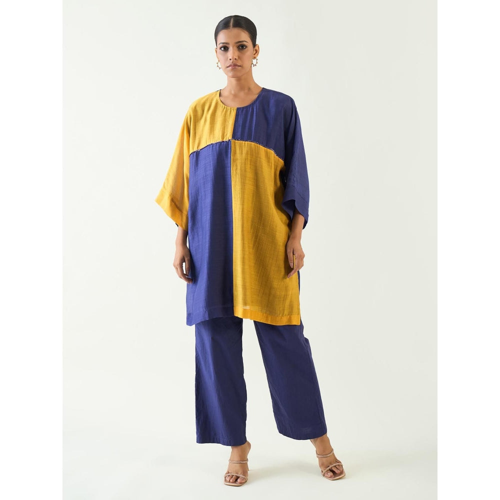 Shivani Bhargava Blue Jeeva Cotton Silk Colour Block Kurta with Pant (Set of 2)