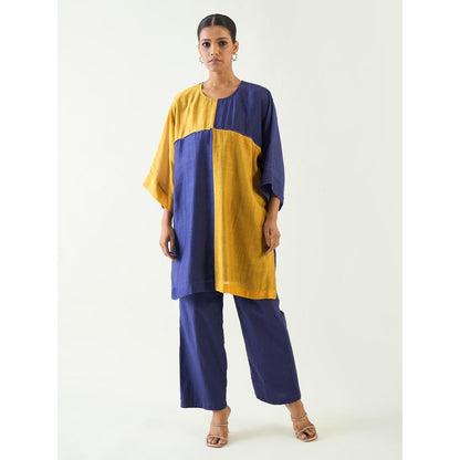 Shivani Bhargava Blue Jeeva Cotton Silk Colour Block Kurta with Pant (Set of 2)