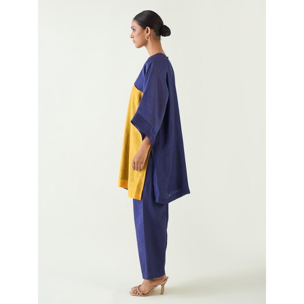 Shivani Bhargava Blue Jeeva Cotton Silk Colour Block Kurta with Pant (Set of 2)