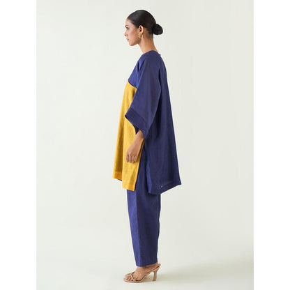 Shivani Bhargava Blue Jeeva Cotton Silk Colour Block Kurta with Pant (Set of 2)
