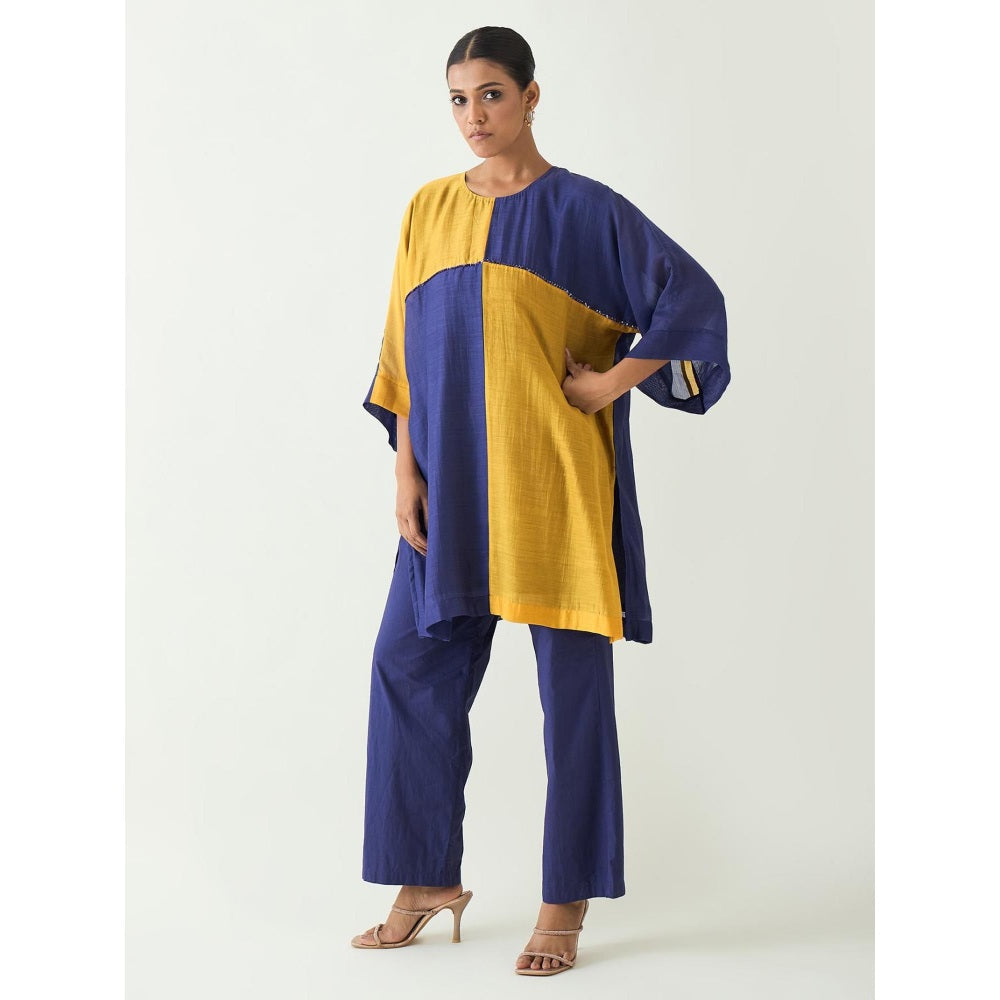 Shivani Bhargava Blue Jeeva Cotton Silk Colour Block Kurta with Pant (Set of 2)