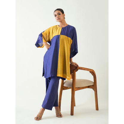 Shivani Bhargava Blue Jeeva Cotton Silk Colour Block Kurta with Pant (Set of 2)