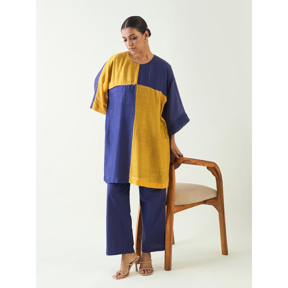 Shivani Bhargava Blue Jeeva Cotton Silk Colour Block Kurta with Pant (Set of 2)