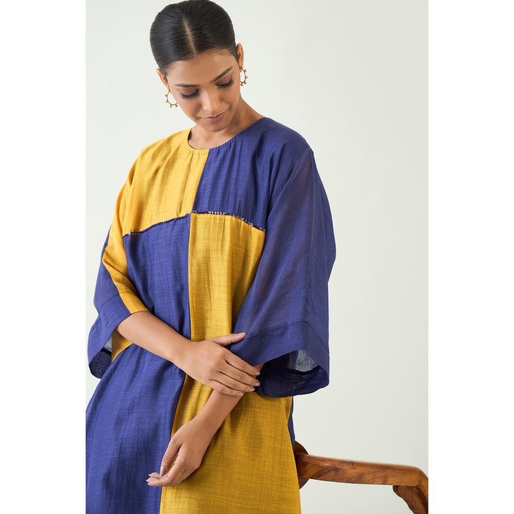 Shivani Bhargava Blue Jeeva Cotton Silk Colour Block Kurta with Pant (Set of 2)