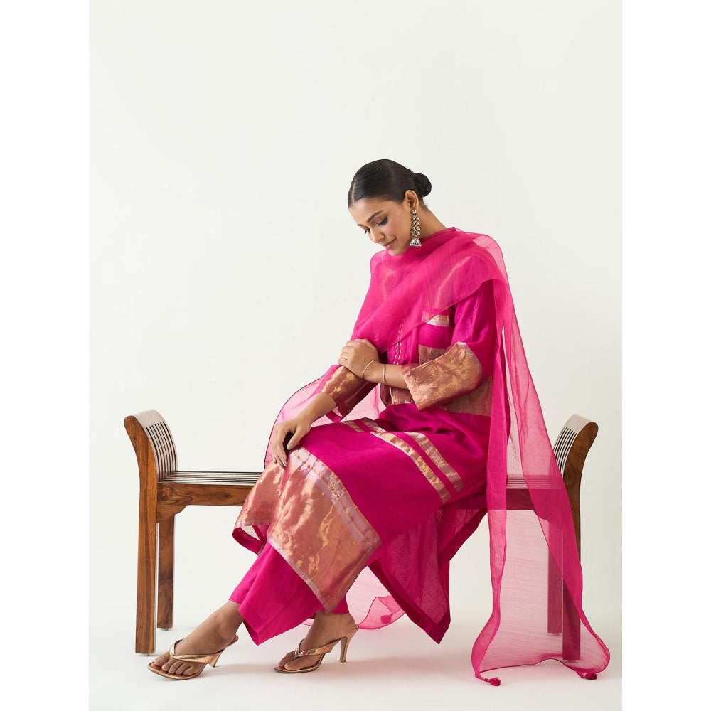Shivani Bhargava Pink Mira Silk Stripe Tissue Straight Kurta with Pant and Dupatta (Set of 3)