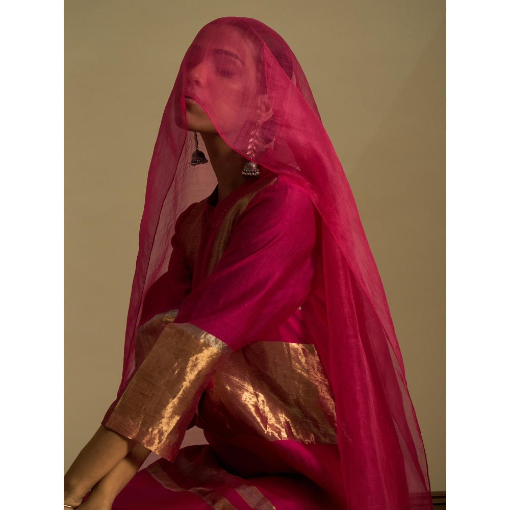 Shivani Bhargava Pink Mira Silk Stripe Tissue Straight Kurta with Pant and Dupatta (Set of 3)