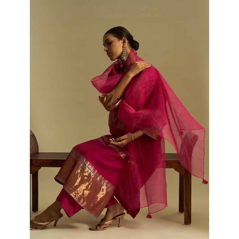 Shivani Bhargava Pink Mira Silk Stripe Tissue Straight Kurta with Pant and Dupatta (Set of 3)