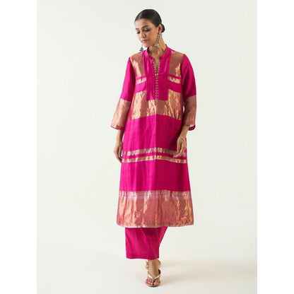 Shivani Bhargava Pink Mira Silk Stripe Tissue Straight Kurta with Pant and Dupatta (Set of 3)
