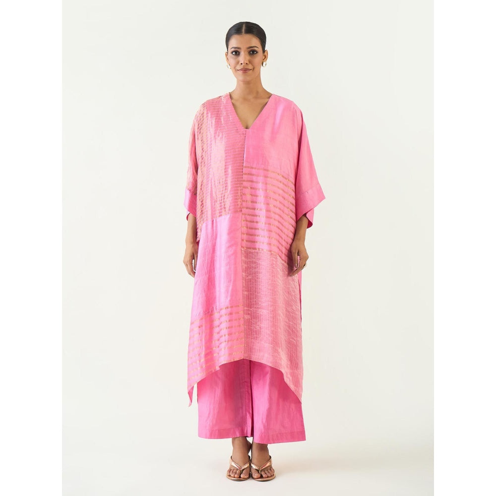 Shivani Bhargava Pink Kaya Zari Stripe and Silk Patch Kurta with Pant (Set of 2)