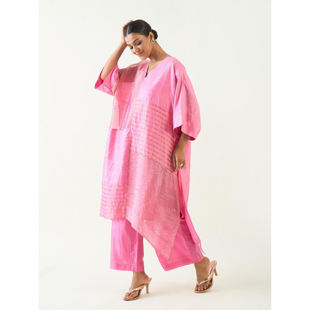 Shivani Bhargava Pink Kaya Zari Stripe and Silk Patch Kurta with Pant (Set of 2)