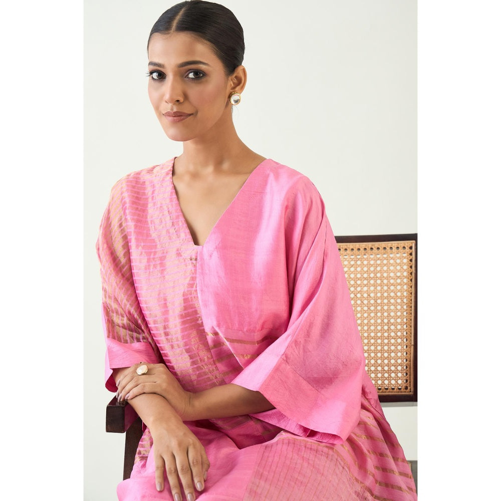Shivani Bhargava Pink Kaya Zari Stripe and Silk Patch Kurta with Pant (Set of 2)