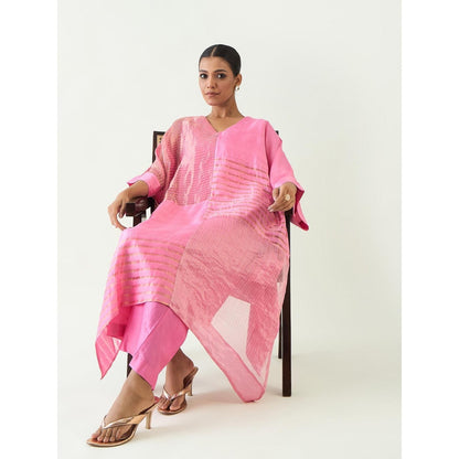 Shivani Bhargava Pink Kaya Zari Stripe and Silk Patch Kurta with Pant (Set of 2)