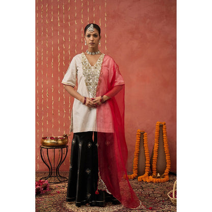 Shivani Bhargava Roli Ivory Silk Embroidered Short Kurta with Sharara and Dupatta (Set of 3)