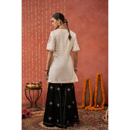 Shivani Bhargava Roli Ivory Silk Embroidered Short Kurta with Sharara and Dupatta (Set of 3)