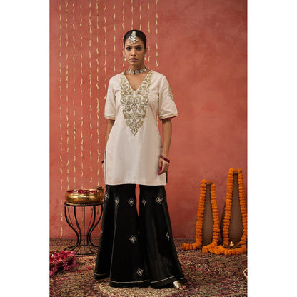 Shivani Bhargava Roli Ivory Silk Embroidered Short Kurta with Sharara and Dupatta (Set of 3)