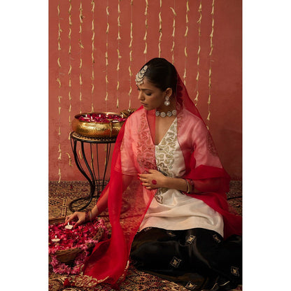 Shivani Bhargava Roli Ivory Silk Embroidered Short Kurta with Sharara and Dupatta (Set of 3)