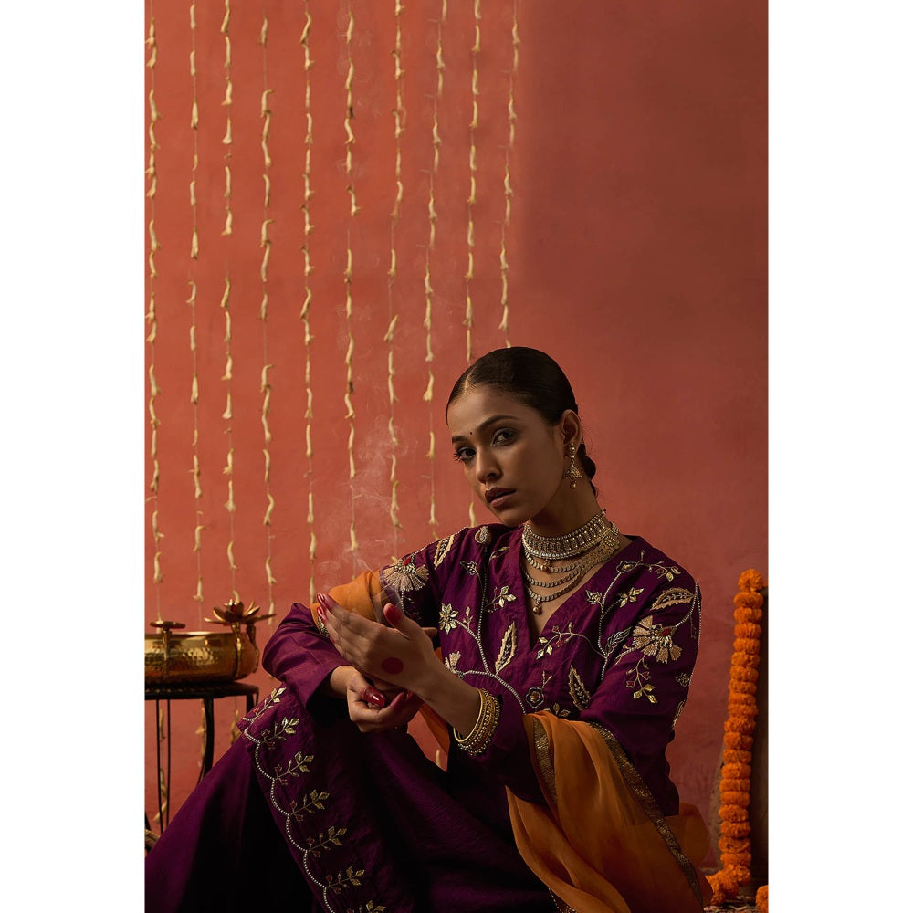 Shivani Bhargava Sangeet Silk Embroidered Kurta with Sharara and Dupatta (Set of 3)