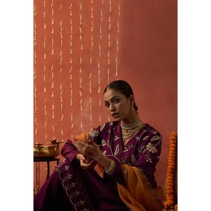 Shivani Bhargava Sangeet Silk Embroidered Kurta with Sharara and Dupatta (Set of 3)