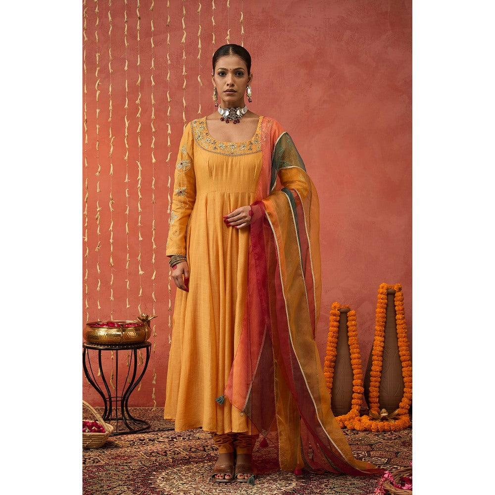 Shivani Bhargava Kumkum Mustard Embroidered Anarkali with Churidar and Dupatta (Set of 3)