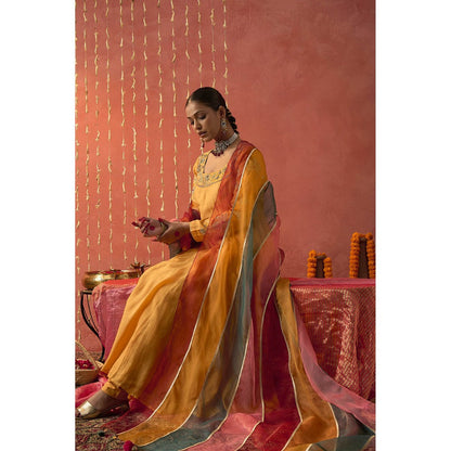 Shivani Bhargava Kumkum Mustard Embroidered Anarkali with Churidar and Dupatta (Set of 3)