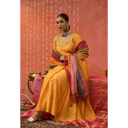 Shivani Bhargava Kumkum Mustard Embroidered Anarkali with Churidar and Dupatta (Set of 3)