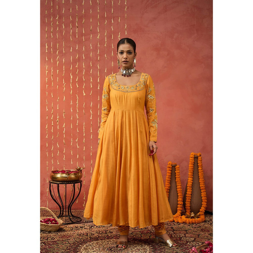 Shivani Bhargava Kumkum Mustard Embroidered Anarkali with Churidar and Dupatta (Set of 3)