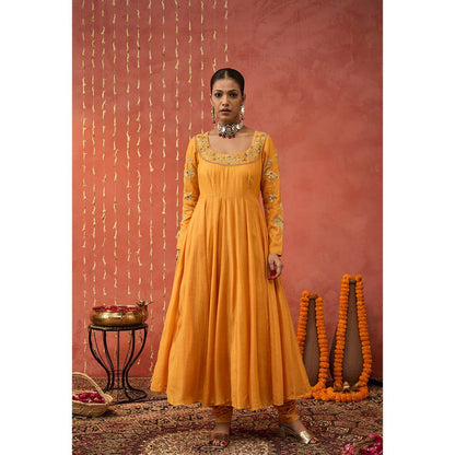 Shivani Bhargava Kumkum Mustard Embroidered Anarkali with Churidar and Dupatta (Set of 3)