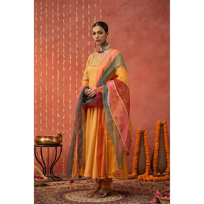 Shivani Bhargava Kumkum Mustard Embroidered Anarkali with Churidar and Dupatta (Set of 3)