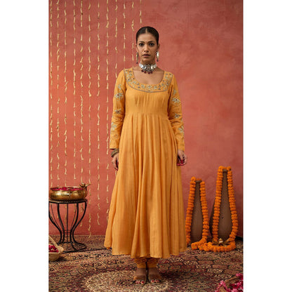 Shivani Bhargava Kumkum Mustard Embroidered Anarkali with Churidar and Dupatta (Set of 3)