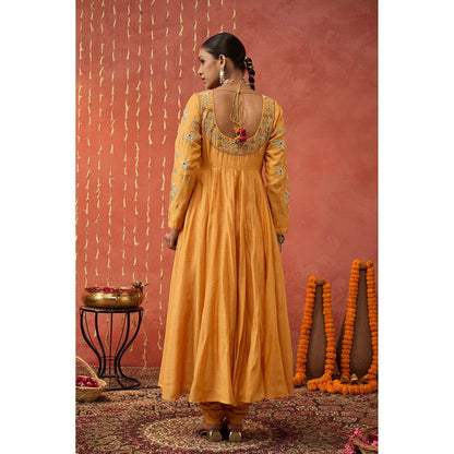 Shivani Bhargava Kumkum Mustard Embroidered Anarkali with Churidar and Dupatta (Set of 3)