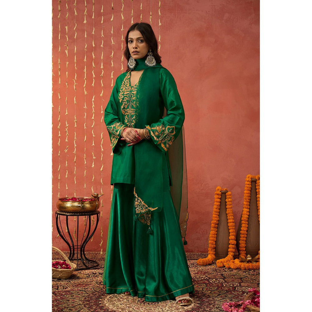Shivani Bhargava Heena Emerald Silk Embroidered Kurta with Sharara and Dupatta (Set of 3)
