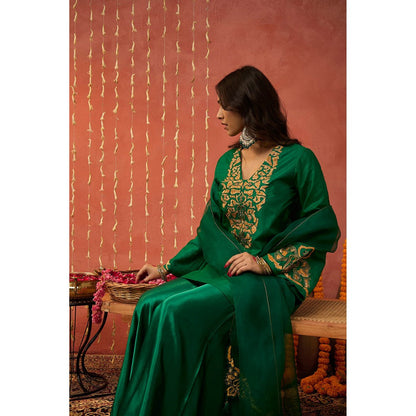 Shivani Bhargava Heena Emerald Silk Embroidered Kurta with Sharara and Dupatta (Set of 3)