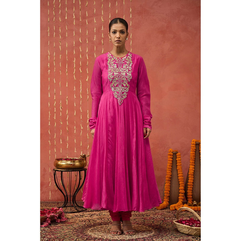Shivani Bhargava Shubha Fuchsia Pink Embroidered Anarkali with Churidar and Dupatta (Set of 3)