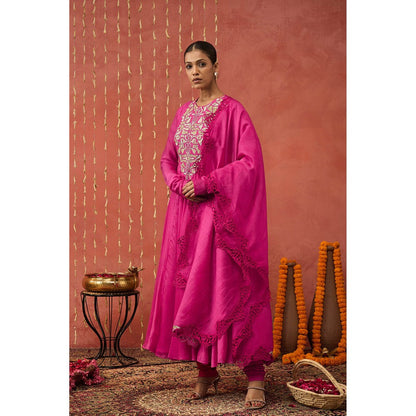 Shivani Bhargava Shubha Fuchsia Pink Embroidered Anarkali with Churidar and Dupatta (Set of 3)