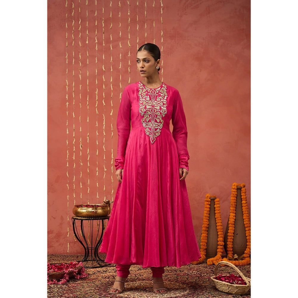 Shivani Bhargava Shubha Fuchsia Pink Embroidered Anarkali with Churidar and Dupatta (Set of 3)