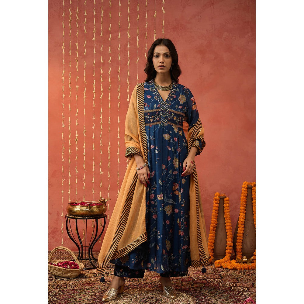 Shivani Bhargava Bela Blue Chintz Embroidered Anarkali with Pant and Dupatta (Set of 3)