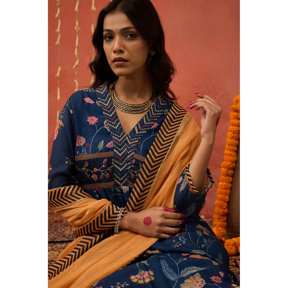 Shivani Bhargava Bela Blue Chintz Embroidered Anarkali with Pant and Dupatta (Set of 3)