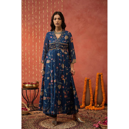 Shivani Bhargava Bela Blue Chintz Embroidered Anarkali with Pant and Dupatta (Set of 3)