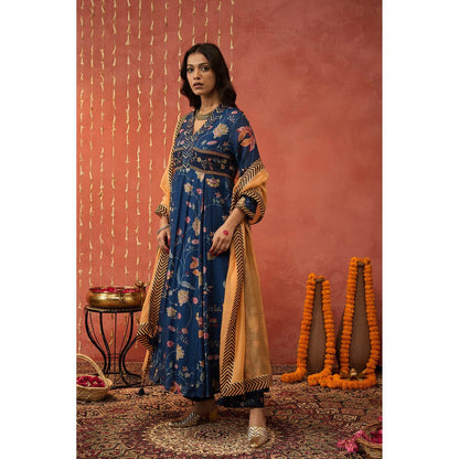 Shivani Bhargava Bela Blue Chintz Embroidered Anarkali with Pant and Dupatta (Set of 3)