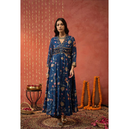 Shivani Bhargava Bela Blue Chintz Embroidered Anarkali with Pant and Dupatta (Set of 3)