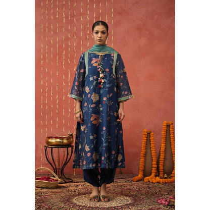 Shivani Bhargava Raman I Blue Chintz Long Kurta with Dhoti and Dupatta (Set of 3)