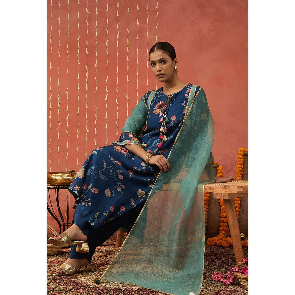 Shivani Bhargava Raman I Blue Chintz Long Kurta with Dhoti and Dupatta (Set of 3)
