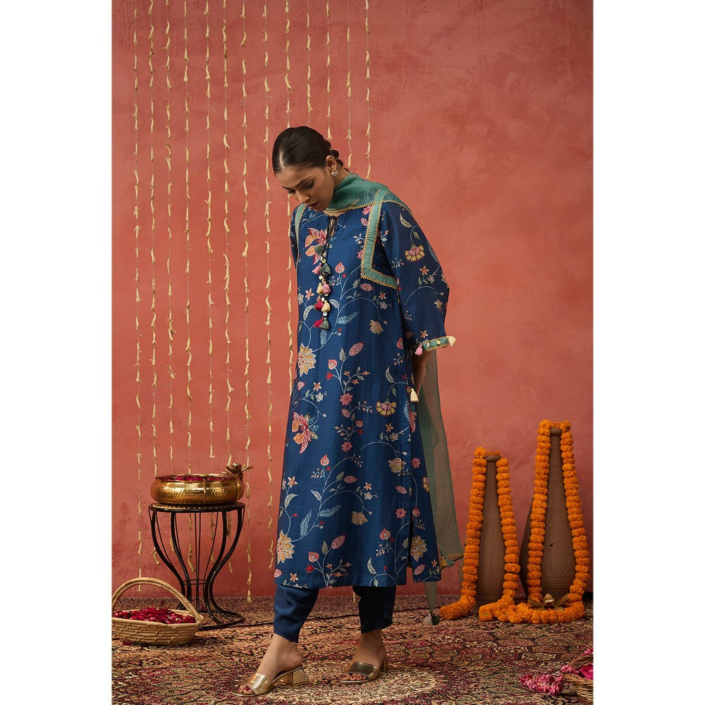 Shivani Bhargava Raman I Blue Chintz Long Kurta with Dhoti and Dupatta (Set of 3)