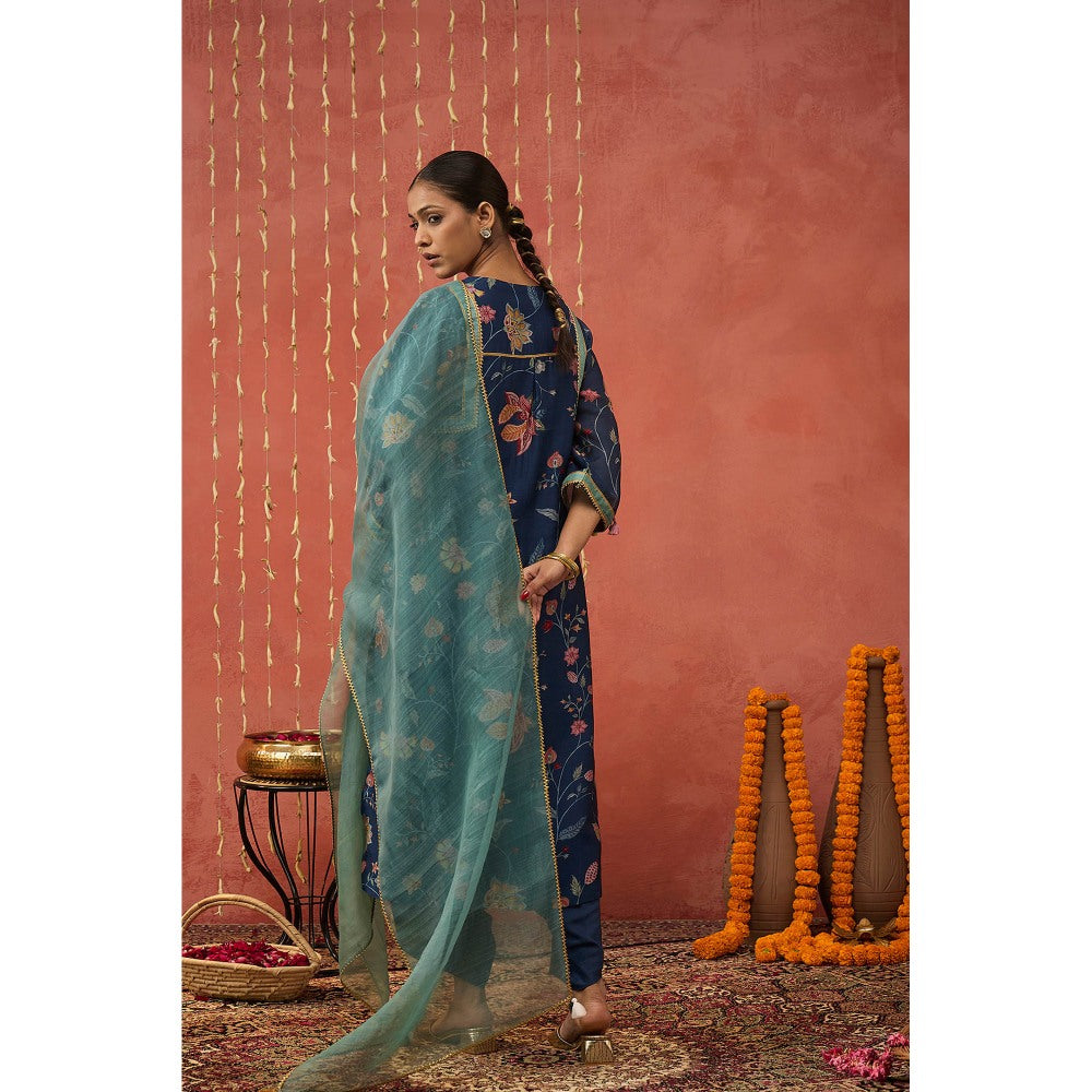 Shivani Bhargava Raman I Blue Chintz Long Kurta with Dhoti and Dupatta (Set of 3)