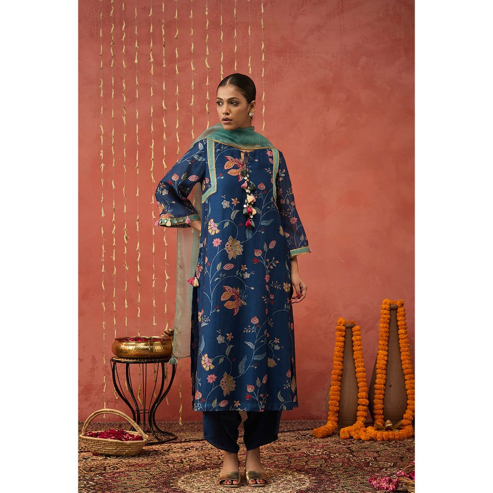 Shivani Bhargava Raman I Blue Chintz Long Kurta with Dhoti and Dupatta (Set of 3)