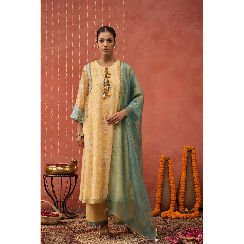 Shivani Bhargava Yellow Manjari Mughal Jaal Long Kurta with Pant and Dupatta (Set of 3)
