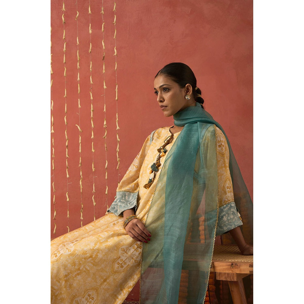 Shivani Bhargava Yellow Manjari Mughal Jaal Long Kurta with Pant and Dupatta (Set of 3)