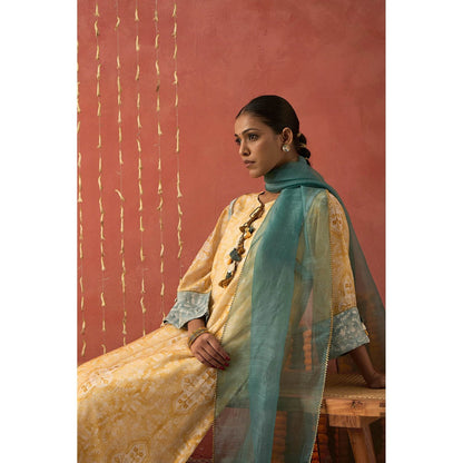 Shivani Bhargava Yellow Manjari Mughal Jaal Long Kurta with Pant and Dupatta (Set of 3)